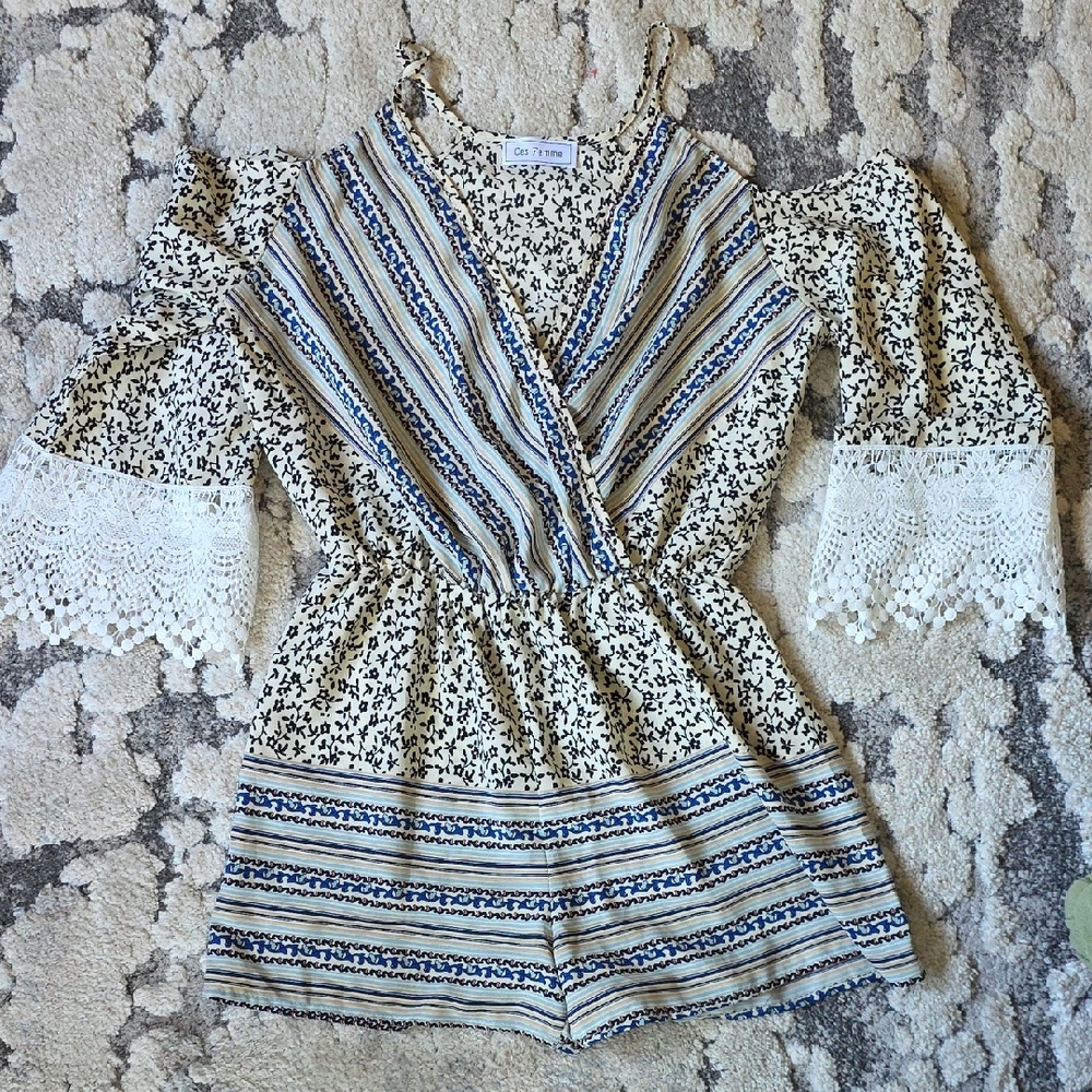 Ces Femme Blue and Cream Patterned Jumpsuit